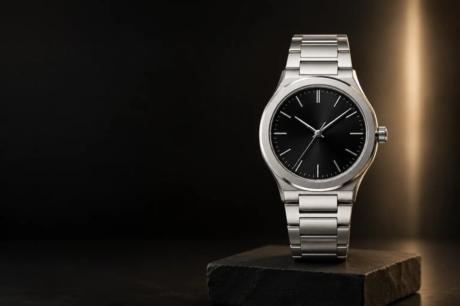 Fully assembled Chronova Meridian Obsidian watch on a dark stone pedestal