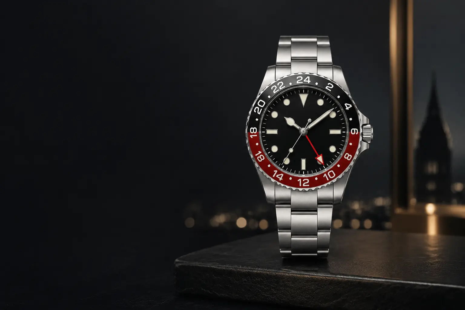 Fully assembled Chronova Vector Midnight GMT watch in a dark travel setting